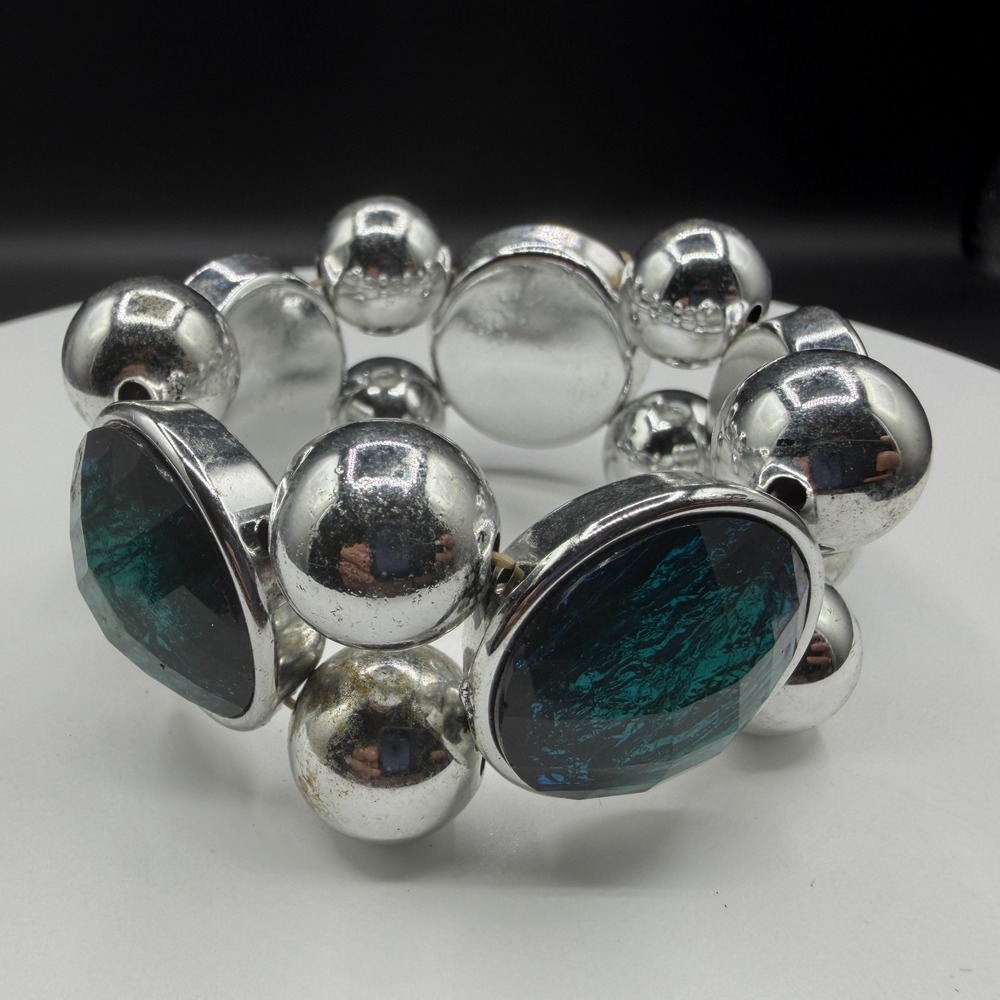 Teal Blue Faceted Glass Silver Tone Beaded Stretch Bracelet Chunky Statement